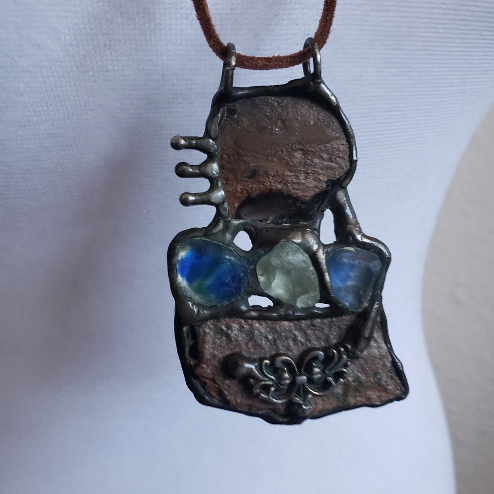 #Handcrafted Brutal Ghotic Style Metal Glass Pendant With Lace